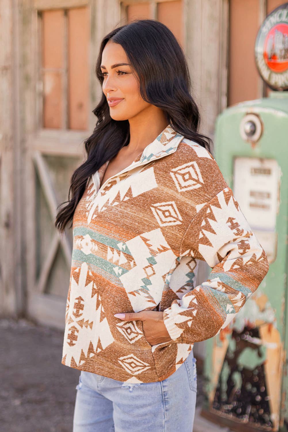 Fashion-W Western Quarter Zip Elastic Cuffs Sweatshirt: As shown / Missy / L