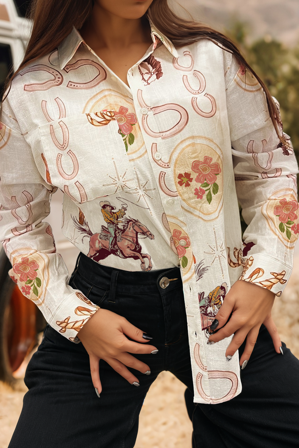 Fashion-W Western Pattern Button-up Loose Shirt: White / M