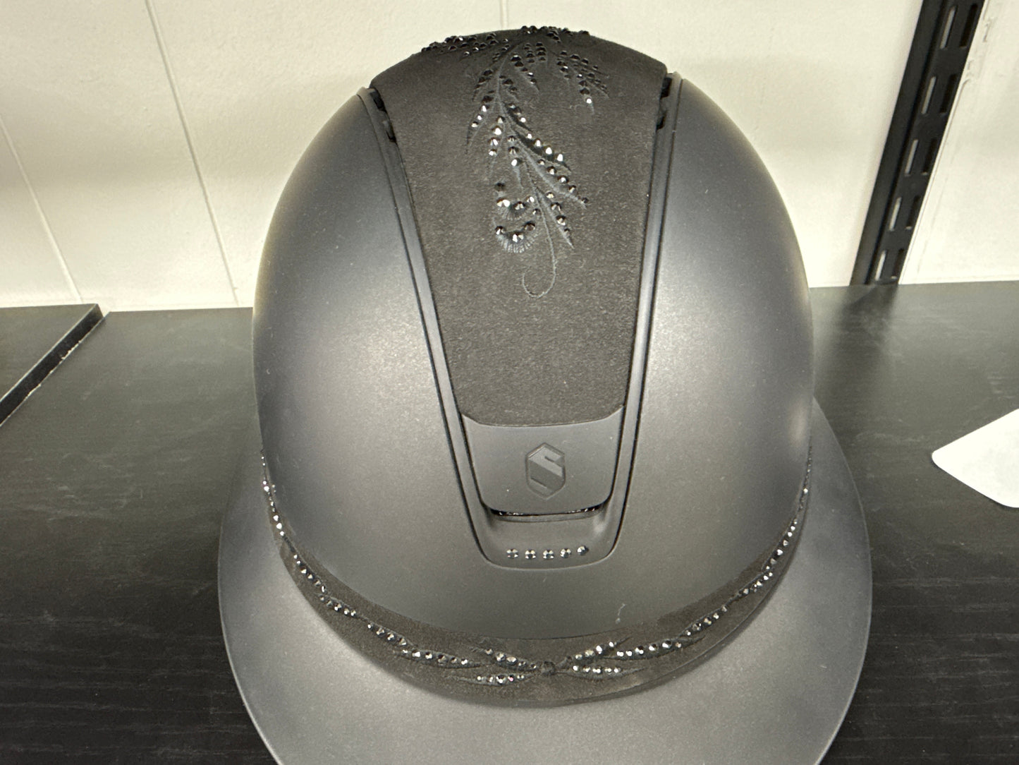 Helmet Miss V2 Matt - Crystal Flower Alcantara - Crystal Embroidery Band - Black Matt Blazon & Rails, 5 Jet Hermtite Swarovski Crystal - Samshield Custom 2.0 - MSV2CRFL