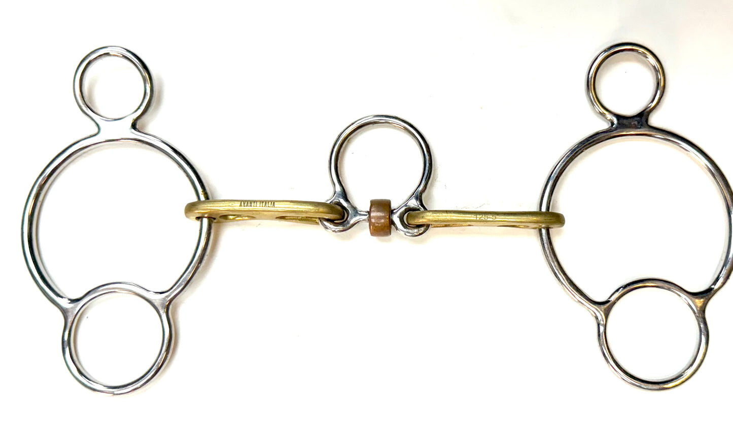 Bit Gag Nelson 1 1/2 Ring Custom Brass High Port Wide Snaffle with Three Piece Copper Roller Avanti Italia