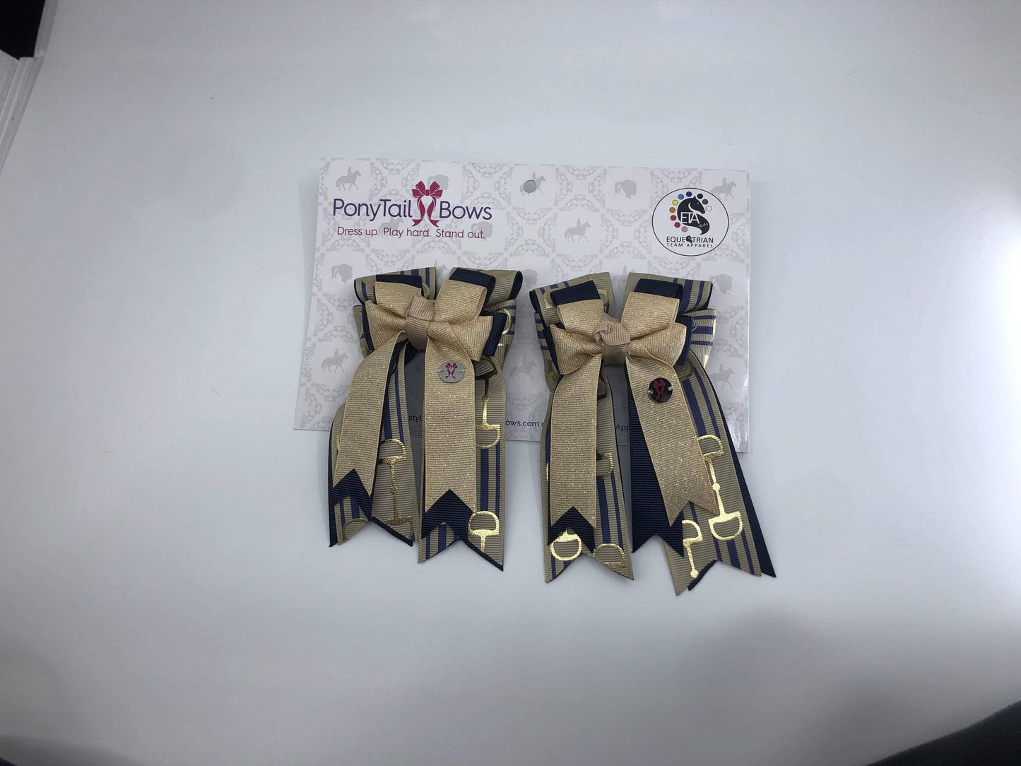 Navy Gold Striped Bits PonyTail Bows