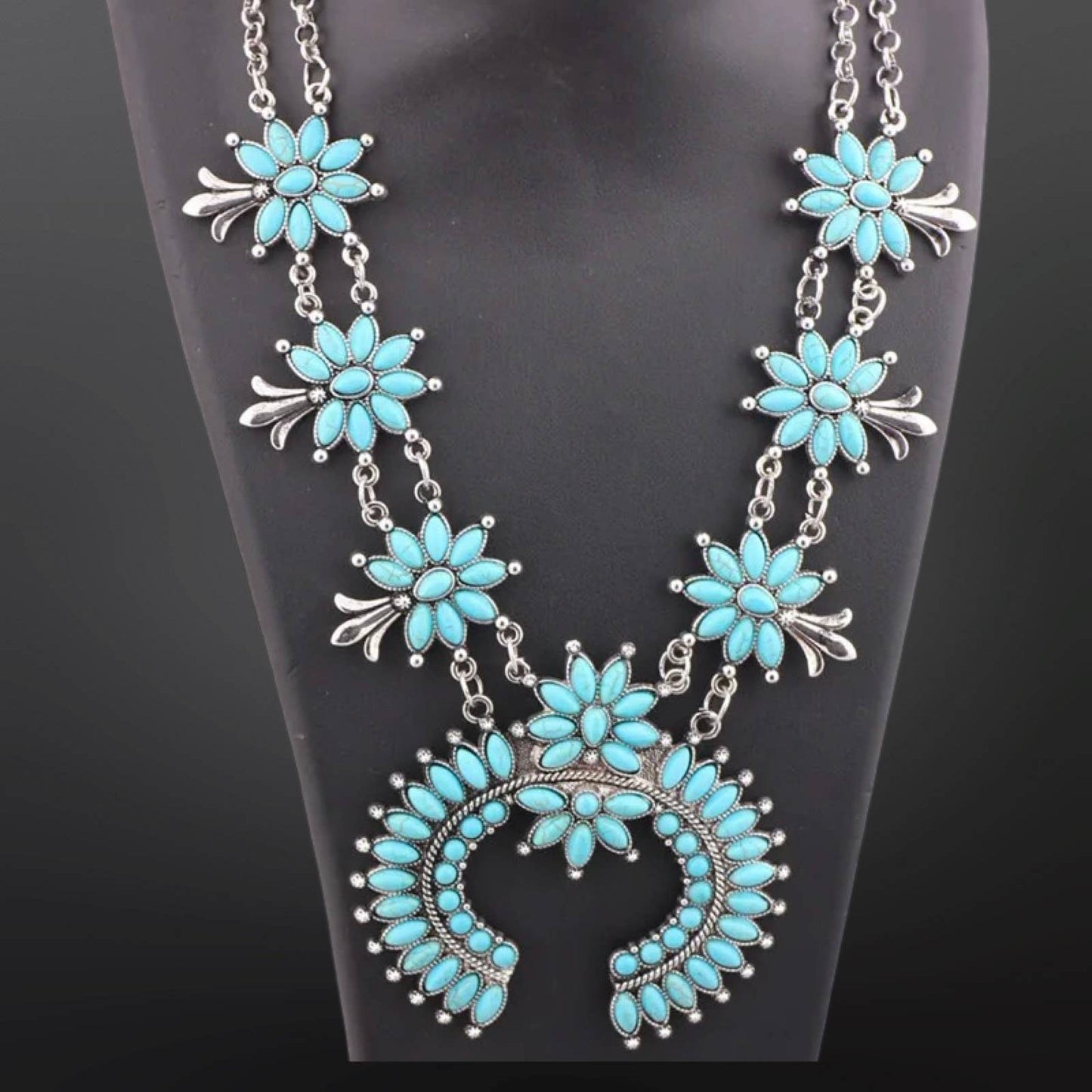 Faux Turquoise Squash Blossom Necklace