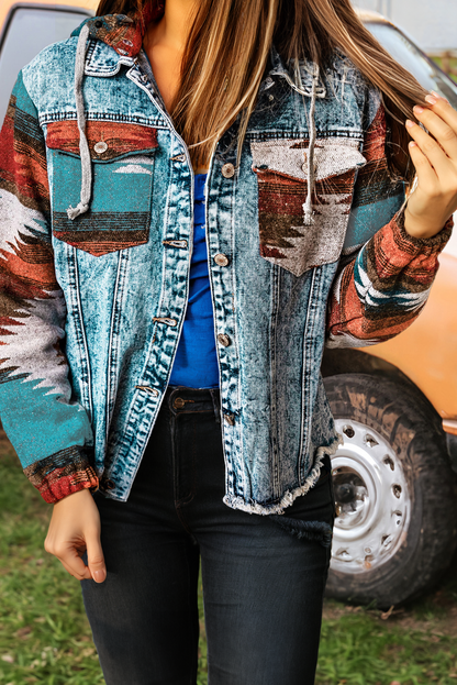 Fashion-W Western Print Frayed Hem Denim Jacket: Multicolor / M