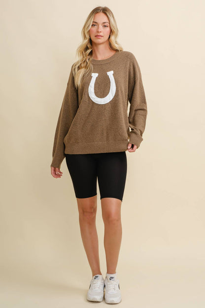CSW13668 - HORSE SHOE PULLOVER SWEATER: Beige / L