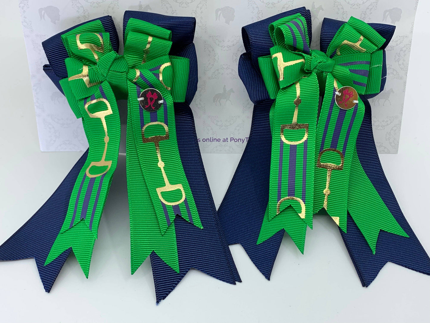 PonyTail Bows- Navy/Green Bits