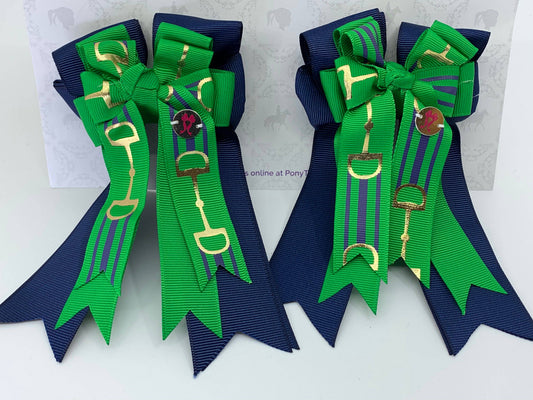 PonyTail Bows- Navy/Green Bits