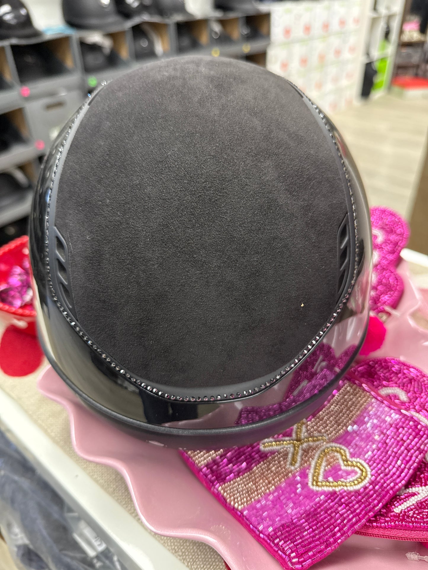 Helmet Miss V2 Glossy Black - Alcantara - 356 Black Swarovski Crystal - 5 Jet Hematite Swarovski Crystal - Samshield Custom 2.0 - MSG356ALCEC