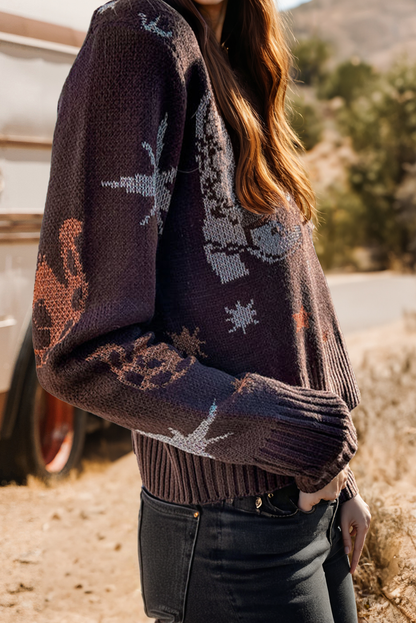 Fashion-W Western Cowgirl Fashion Print Casual Sweater : Brown / S