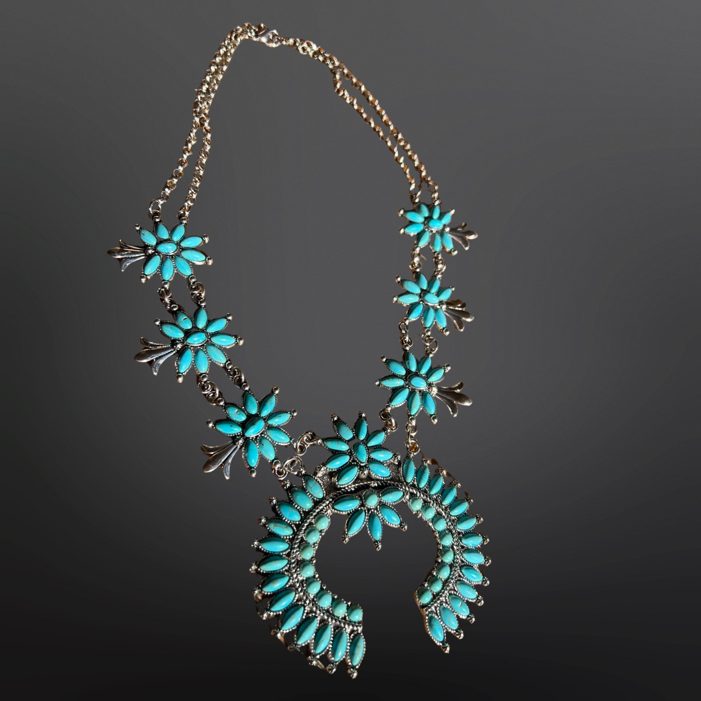 Faux Turquoise Squash Blossom Necklace