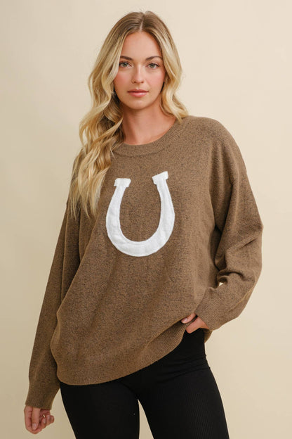 CSW13668 - HORSE SHOE PULLOVER SWEATER: Beige / M