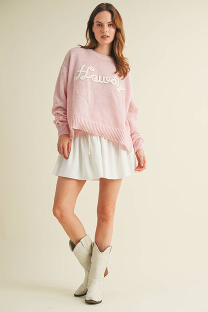 CSW10287Y - "HOWDY" EMBROIDERED KNIT SWEATER: Baby Pink / S