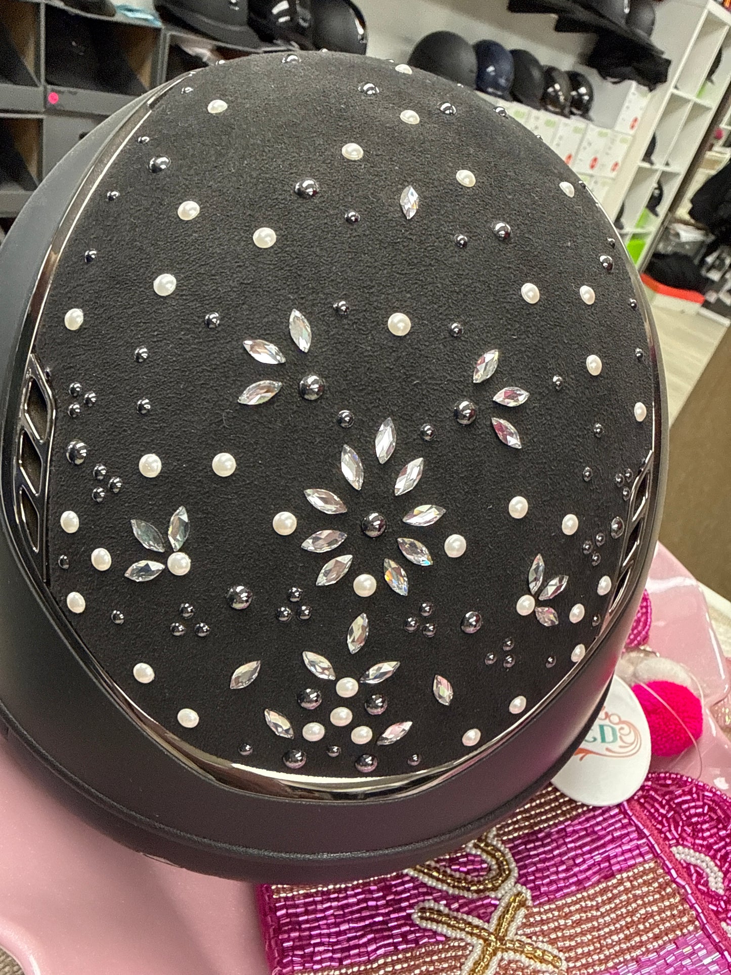 Helmet Miss V2 Matt - Flower Pearl Drop Top & Black Chrome Trim & Blazon - 5 Crystal - Samshield Custom 2.0 - MSFLP5