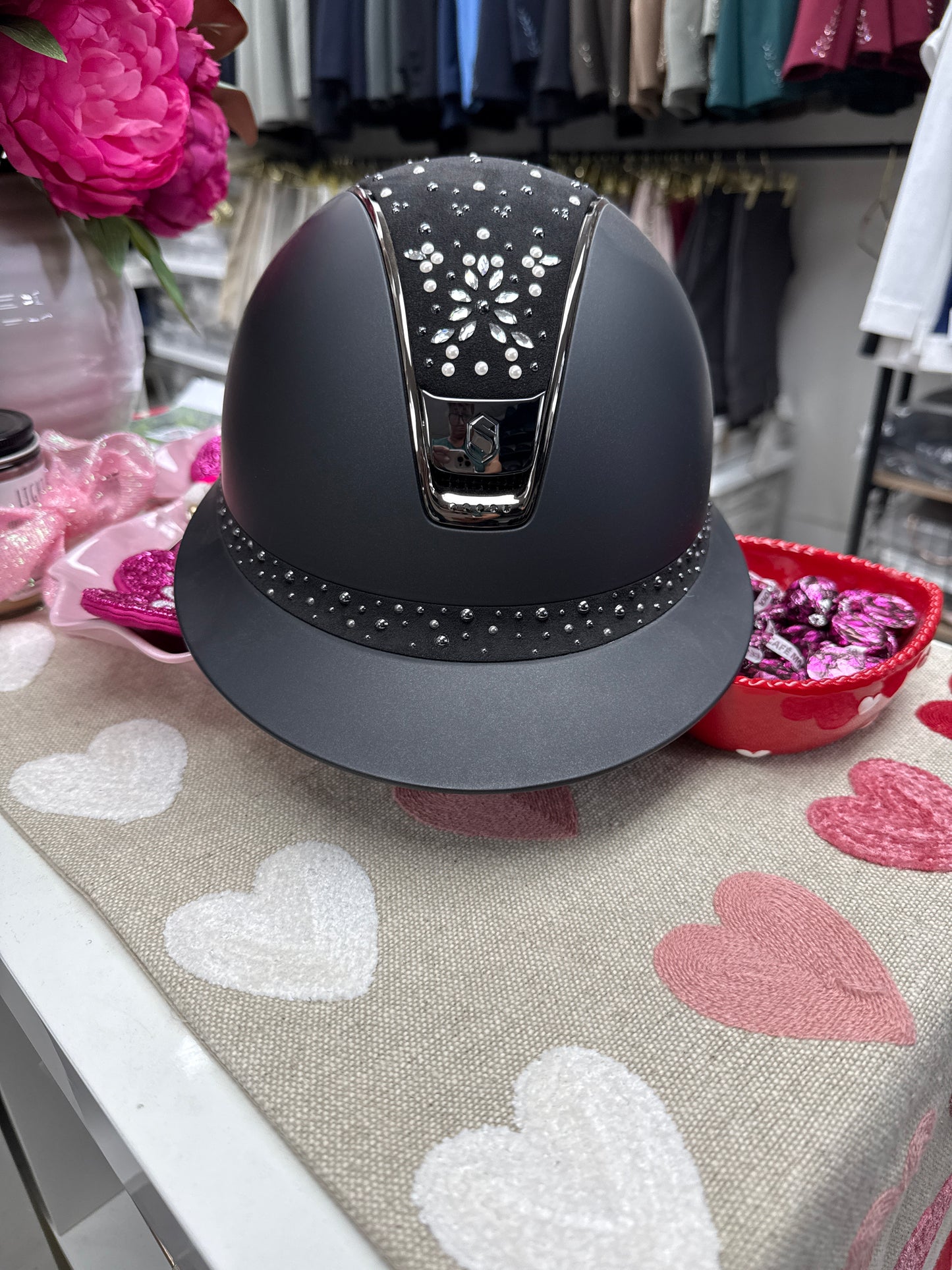 Helmet Miss V2 Matt - Flower Pearl Drop Top & Black Chrome Trim & Blazon - 5 Crystal - Samshield Custom 2.0 - MSFLP5