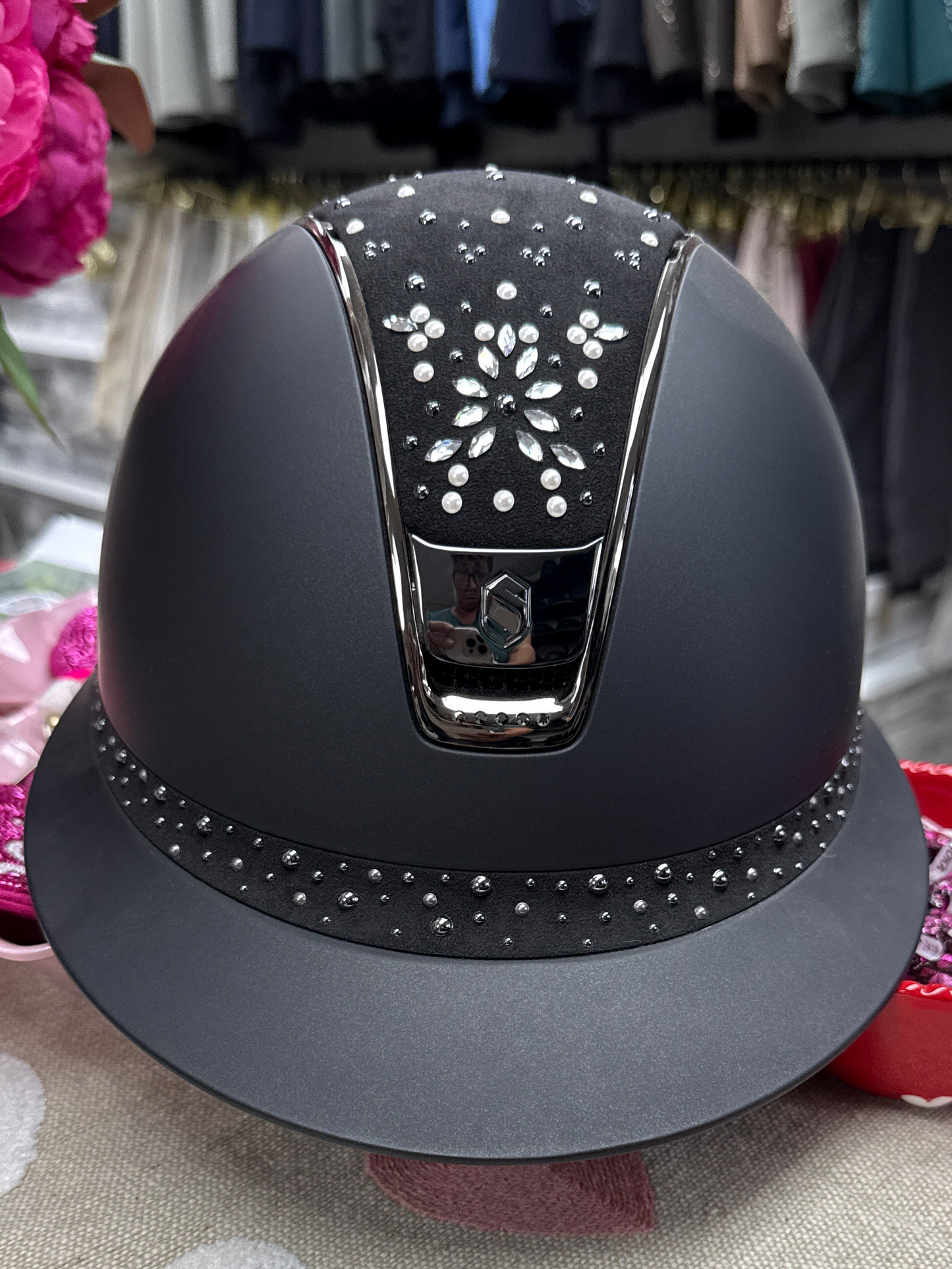Helmet Miss V2 Matt - Flower Pearl Drop Top & Black Chrome Trim & Blazon - 5 Crystal - Samshield Custom 2.0 - MSFLP5
