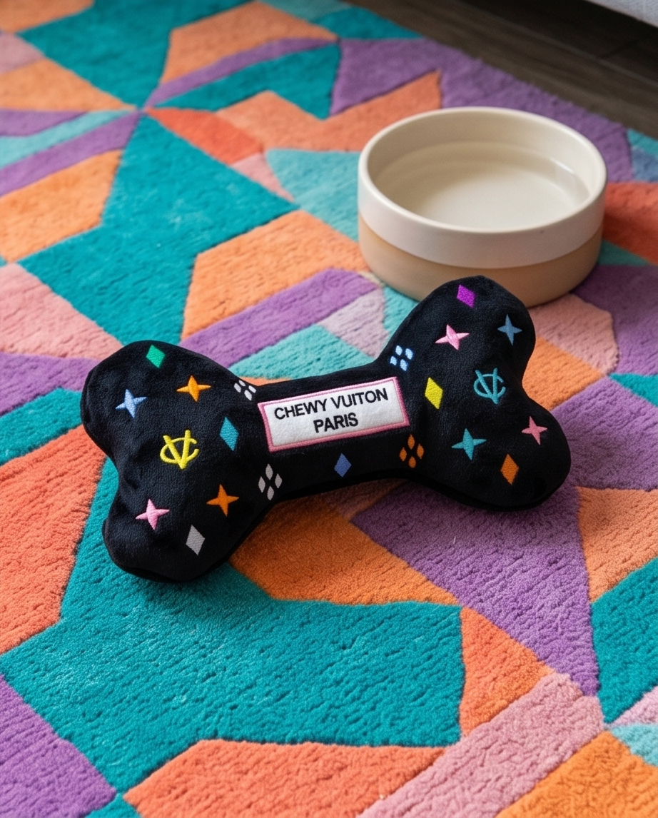 Black Monogram Chewy Vuiton Bone Squeaker Dog Toy: Large