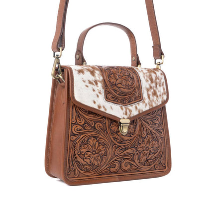 Duchess Hairon Handtooled Flap and Button Leather Satchel in Mocha Cream: Mocha Cream