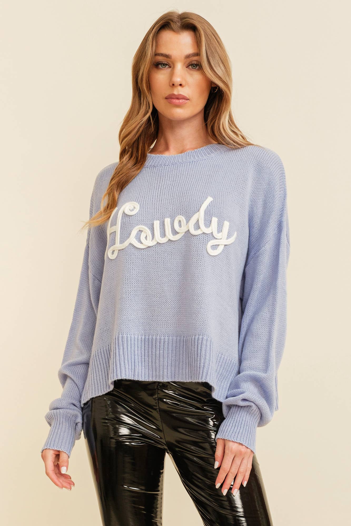 CSW10287Y - "HOWDY" EMBROIDERED KNIT SWEATER: Baby Pink / M