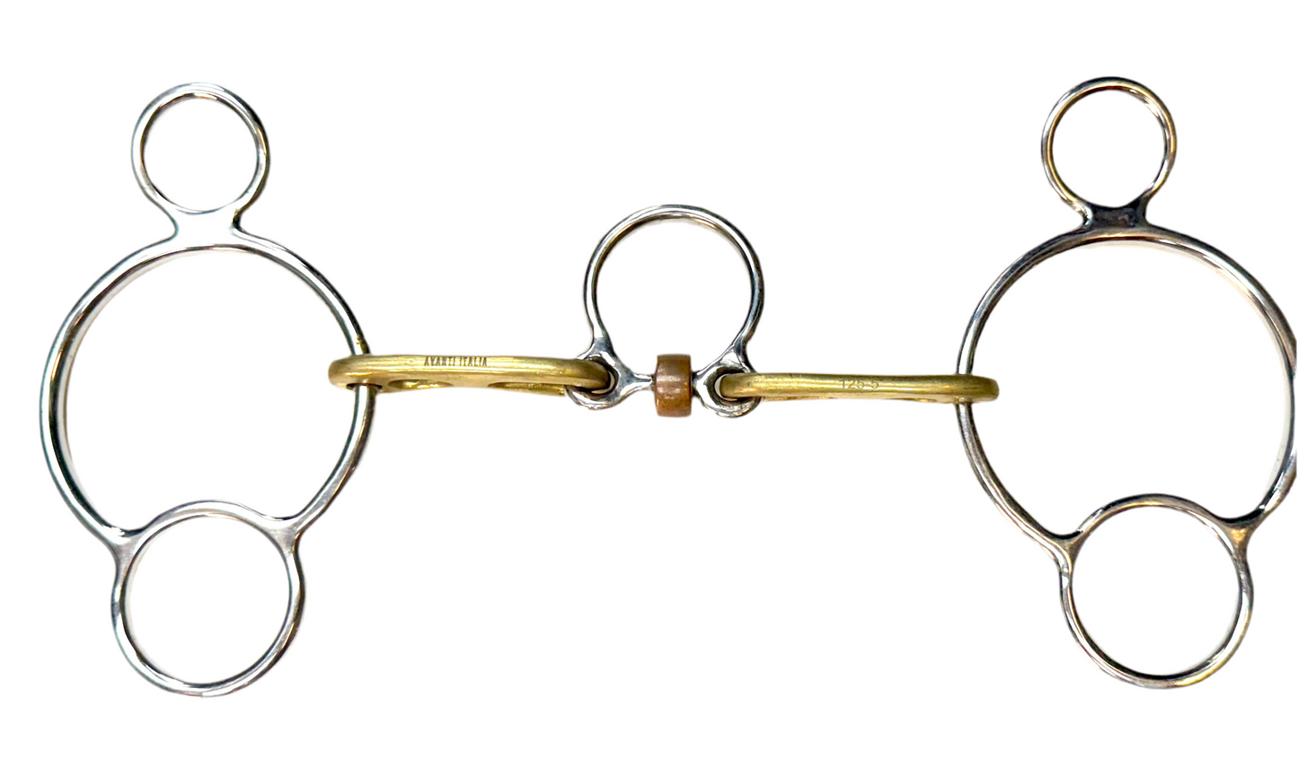 Bit Gag Nelson 1 1/2 Ring Custom Brass High Port Wide Snaffle with Three Piece Copper Roller Avanti Italia