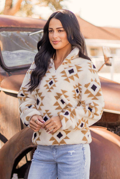 Fashion-W Western Sherpa Quarter Zip Collar Sweatshirt: As shown / Missy / L