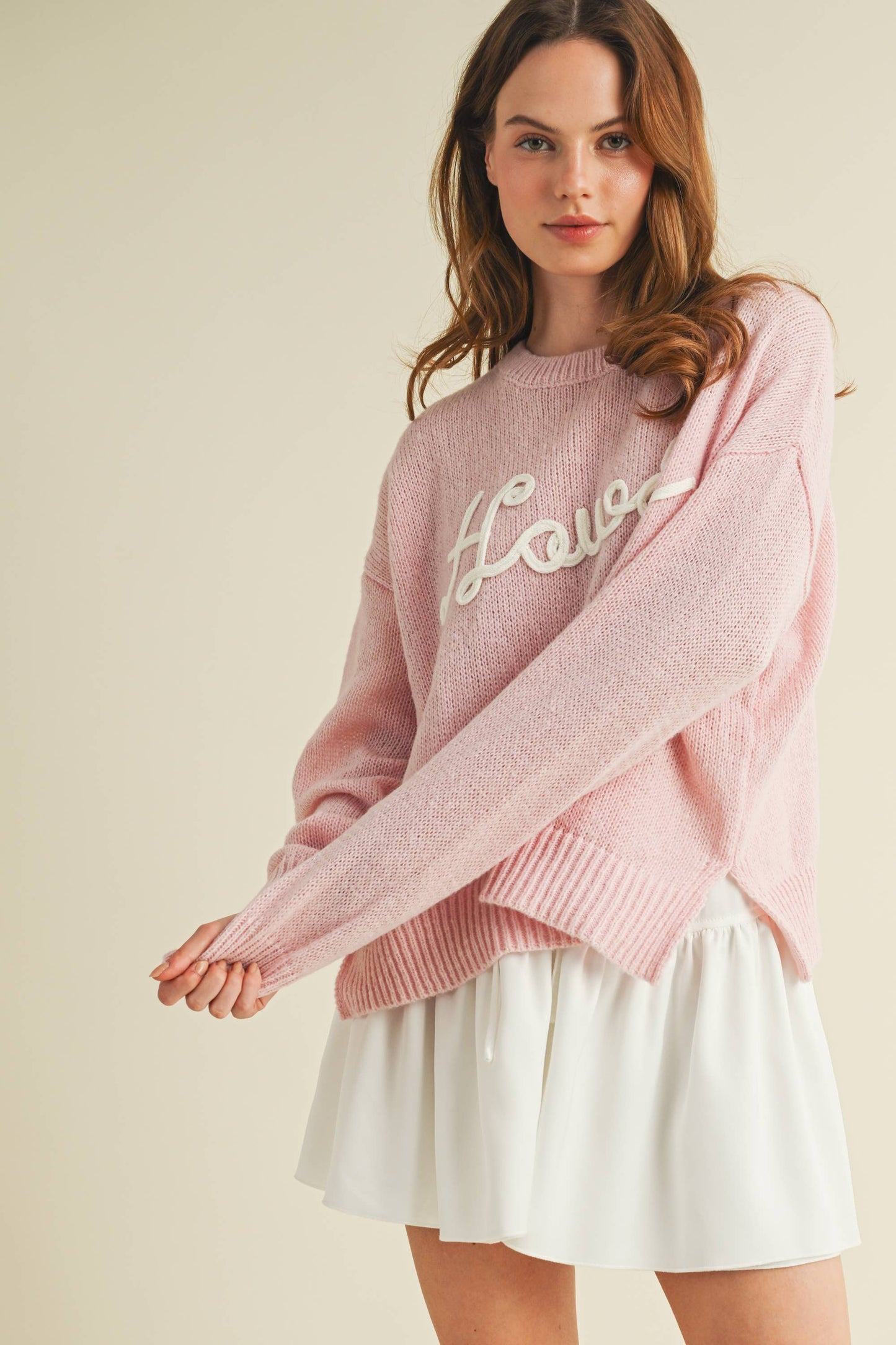 CSW10287Y - "HOWDY" EMBROIDERED KNIT SWEATER: Tan / L