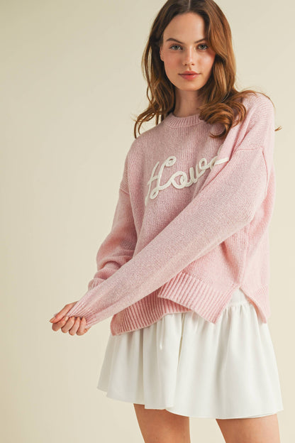 CSW10287Y - "HOWDY" EMBROIDERED KNIT SWEATER: Baby Pink / S