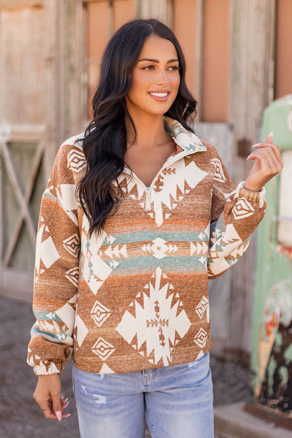 Fashion-W Western Quarter Zip Elastic Cuffs Sweatshirt: As shown / Missy / L