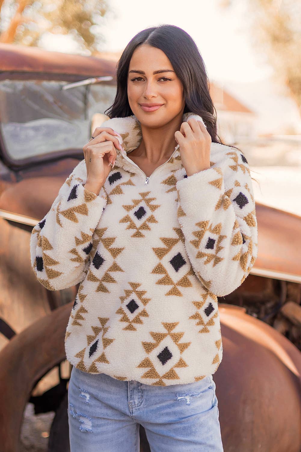 Fashion-W Western Sherpa Quarter Zip Collar Sweatshirt: As shown / Missy / XL