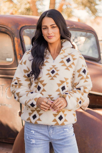 Fashion-W Western Sherpa Quarter Zip Collar Sweatshirt: As shown / Missy / L