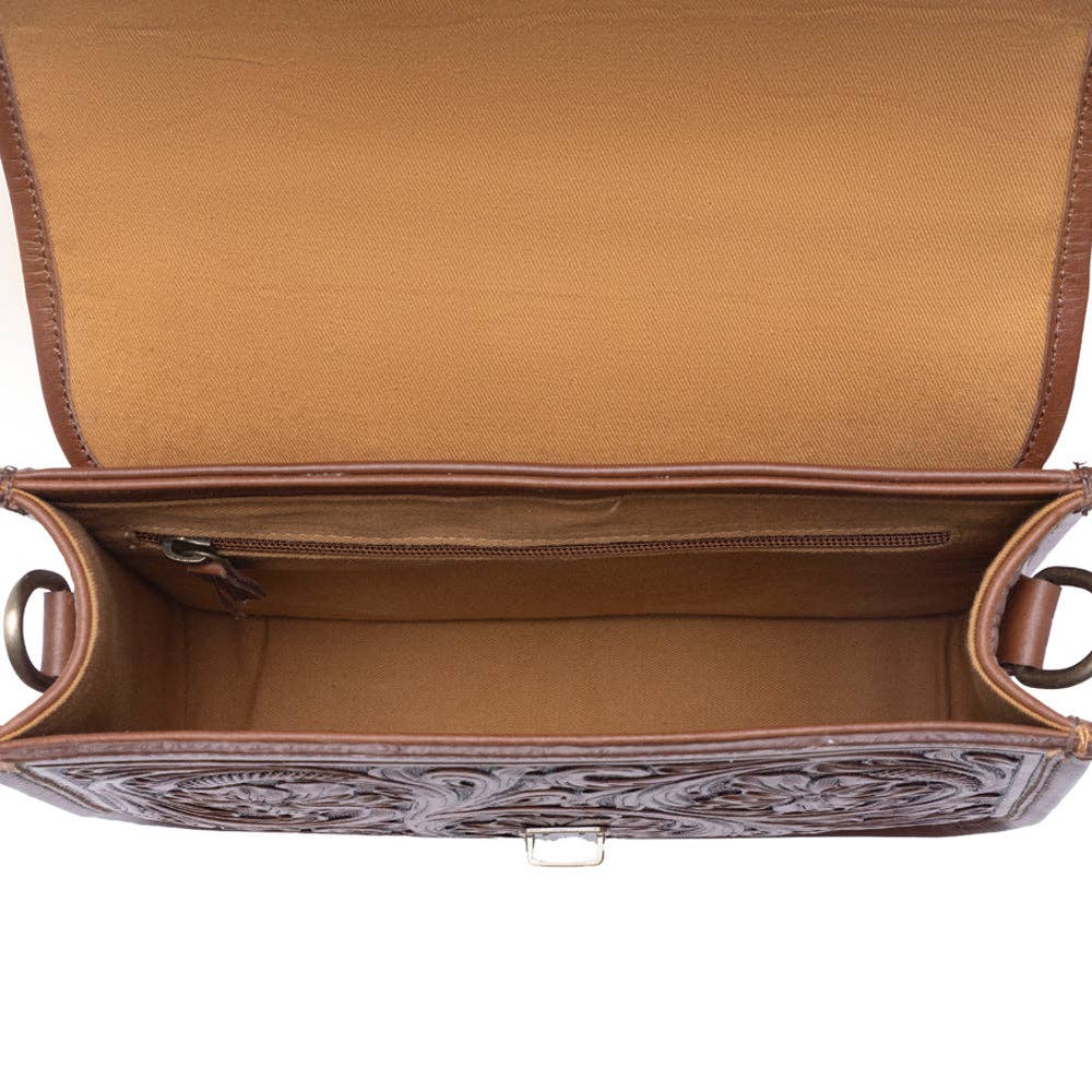 Duchess Hairon Handtooled Flap and Button Leather Satchel in Mocha Cream: Mocha Cream