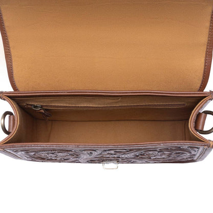 Duchess Hairon Handtooled Flap and Button Leather Satchel in Mocha Cream: Mocha Cream