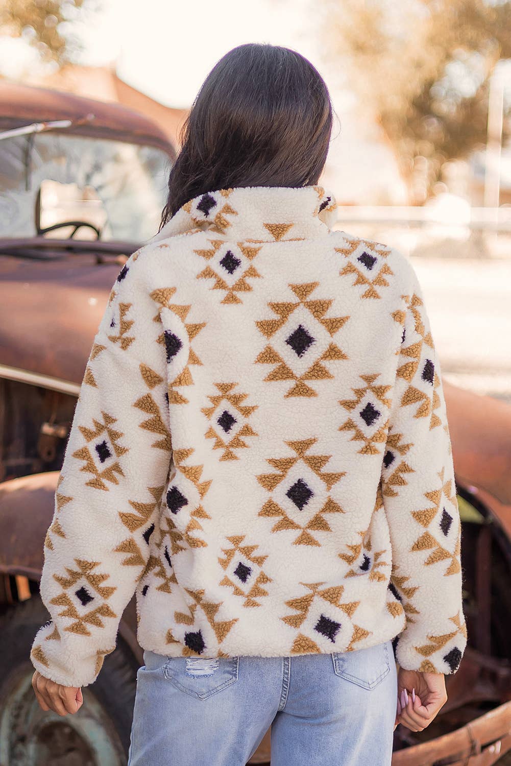 Fashion-W Western Sherpa Quarter Zip Collar Sweatshirt: As shown / Missy / S