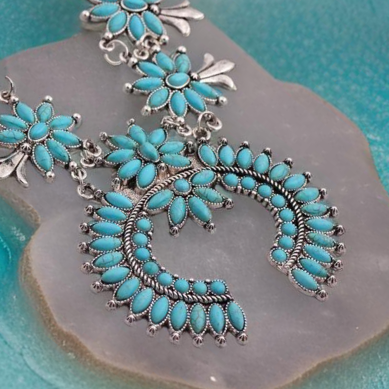 Faux Turquoise Squash Blossom Necklace
