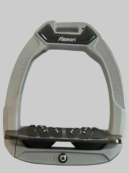 Flexon Stirrup Irons - Safe On - Quick Release - Grey Frame and Black Shock Absorbers - Grip Incline Foot