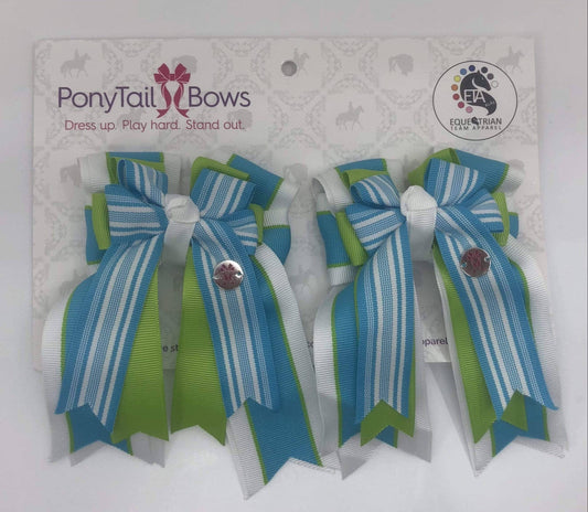 Turquoise Stripes PonyTail Bows