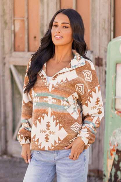 Fashion-W Western Quarter Zip Elastic Cuffs Sweatshirt: As shown / Missy / M