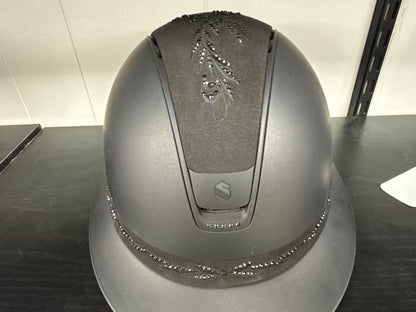 Helmet Miss V2 Matt - Crystal Flower Alcantara - Crystal Embroidery Band - Black Matt Blazon & Rails, 5 Jet Hermtite Swarovski Crystal - Samshield Custom 2.0 - MSV2CRFL