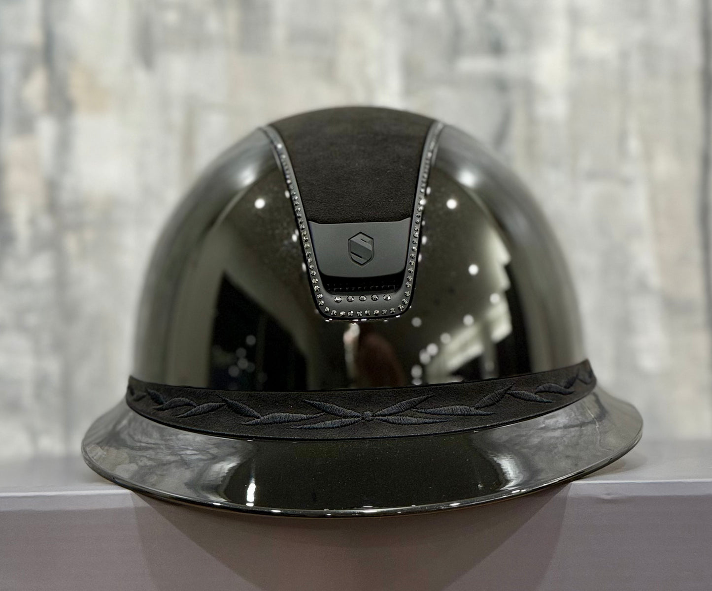 Helmet Miss V2 Glossy - Alcantara - 356 Swarovski Crystal Rails - Black Matt Blazon - Alcantara Top,  5 Jet Hematite Swarovski Crystal - Samshield 2.0 Custom - MSG356ALCE