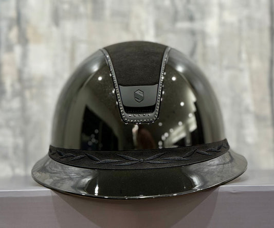 Helmet Miss V2 Glossy - Alcantara - 356 Swarovski Crystal Rails - Black Matt Blazon - Alcantara Top,  5 Jet Hematite Swarovski Crystal - Samshield 2.0 Custom - MSG356ALCE