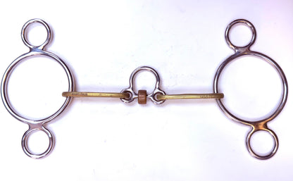 Bit Gag Nelson 2 Ring Custom Brass Wide Snaffle with Three Piece Copper Roller Avanti Italia