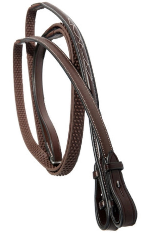 Reins Rubber Thin Fancy Stitch Brown Italian Leather - Pony