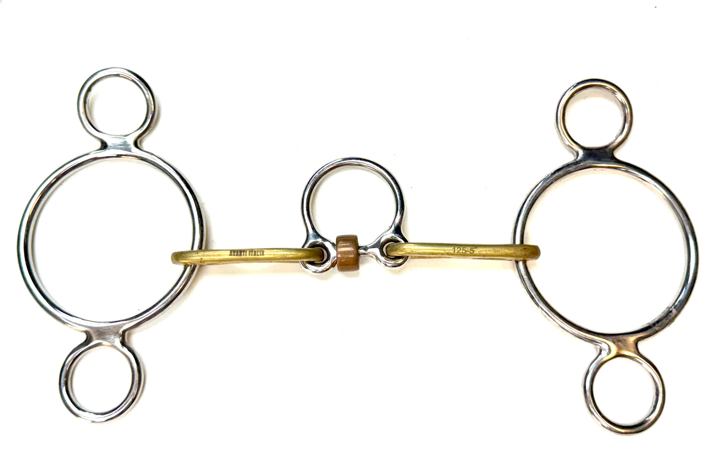 Bit Gag Nelson 2 Ring Custom Brass High Port Wide Snaffle with Three Piece Copper Roller Avanti Italia