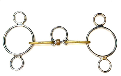 Bit Gag Nelson 2 Ring Custom Brass High Port Wide Snaffle with Three Piece Copper Roller Avanti Italia