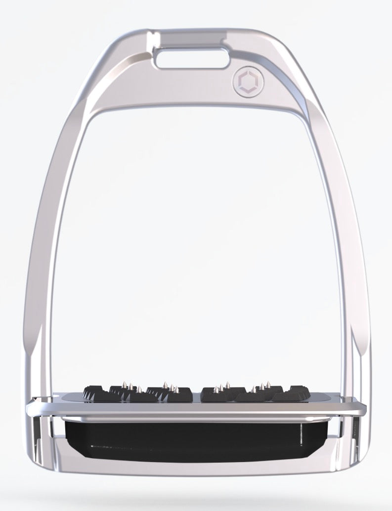 Flexon Stirrups- Hunter H - Chrome and Shock Absorbers - Flat Foot w/ Grip - Hunter H Style Iron Stirrup w/ Grip Spike Footbed PUG