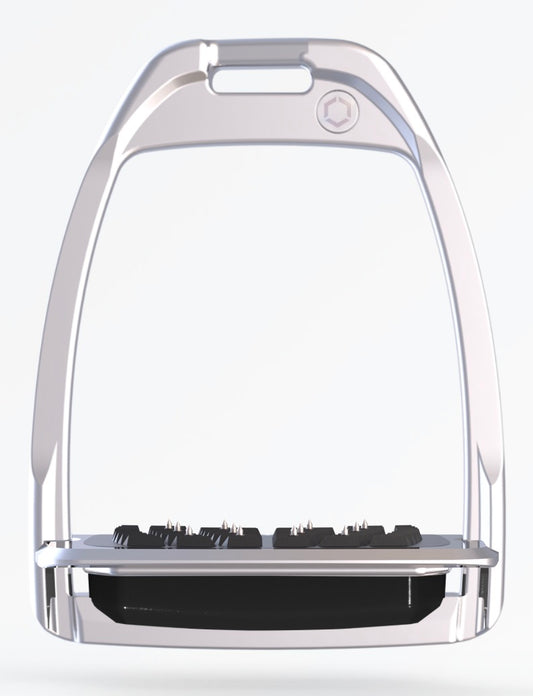 Flexon Stirrups- Hunter H - Chrome and Shock Absorbers - Flat Foot w/ Grip - Hunter H Style Iron Stirrup w/ Grip Spike Footbed PUG