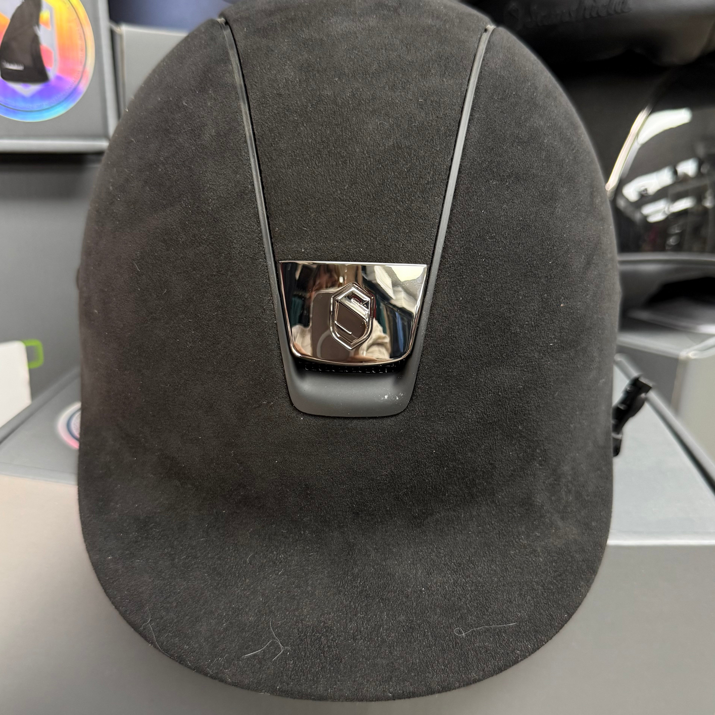 Helmet S Reg Brim V1 Alcantara - Alcantara Top - Black Chrome Blazon & Matt Rails - Samshield 1.0 Regular Brim -S1A