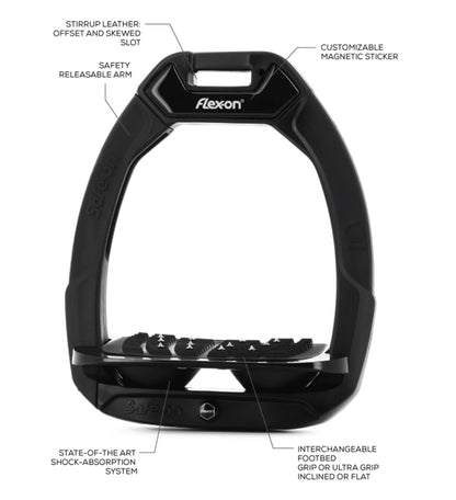 Flexon Stirrup Irons - Safe On - Quick Release - Grey Frame and Black Shock Absorbers - Grip Incline Foot