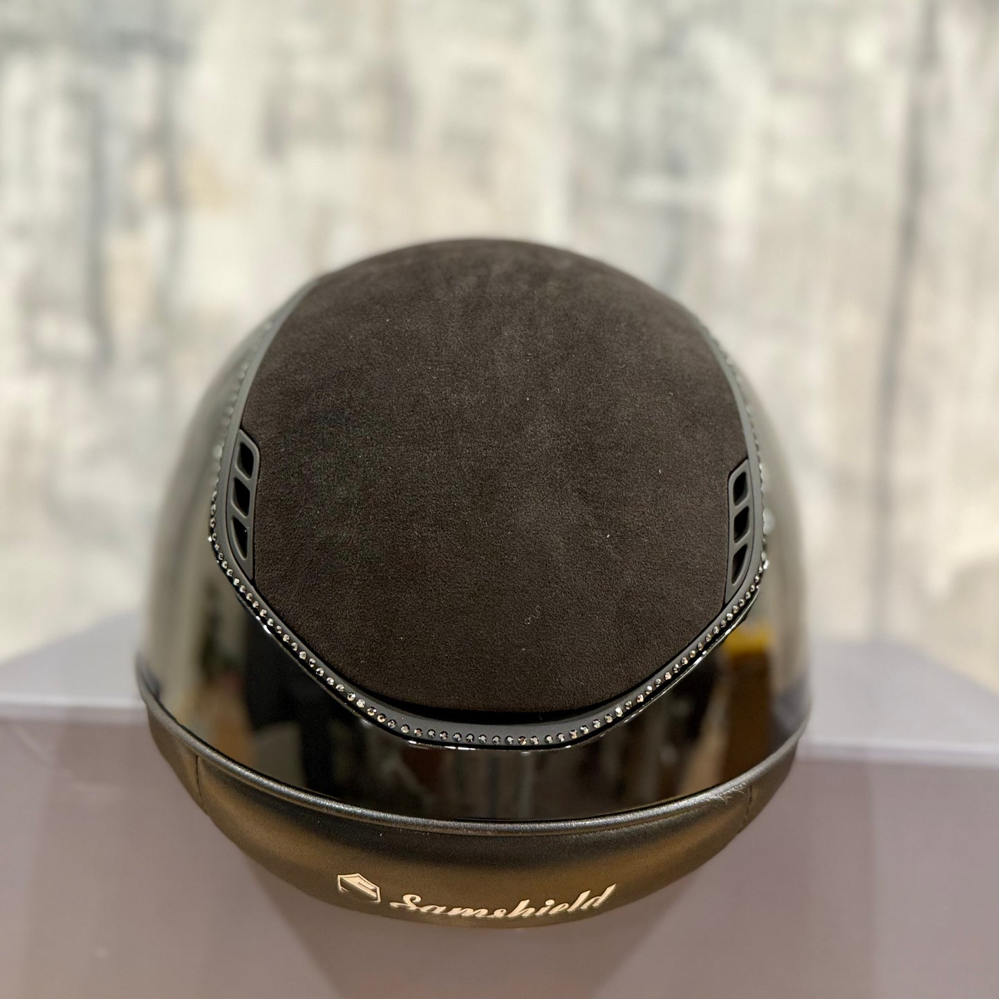 Helmet Miss V2 Glossy - Alcantara - 356 Swarovski Crystal Rails - Black Matt Blazon - Alcantara Top,  5 Jet Hematite Swarovski Crystal - Samshield 2.0 Custom - MSG356ALCE