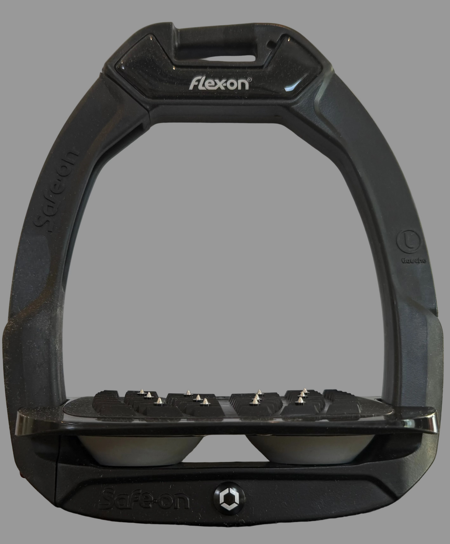 Flexon Stirrup Irons - Safe On - Quick Release - Black Frame and Grey Shock Absorbers - Grip Incline Foot