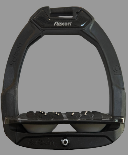 Flexon Stirrup Irons - Safe On - Quick Release - Black Frame and Grey Shock Absorbers - Grip Incline Foot
