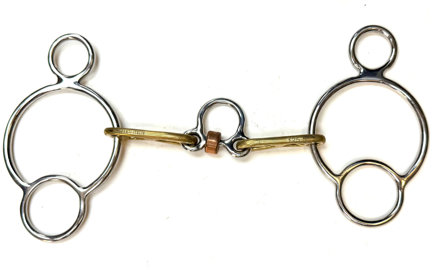 Bit Gag Nelson 1 1/2 Ring Custom Brass Wide Snaffle with Three Piece Copper Roller Avanti Italia